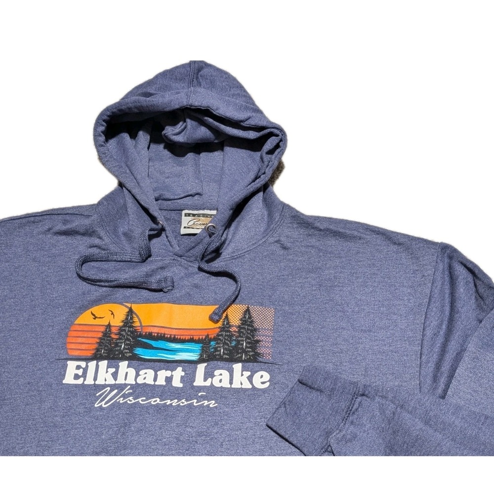 Elkhart Lake Wisconsin Camping Heavy Hoodie, Fishing Drawstrings Size XL